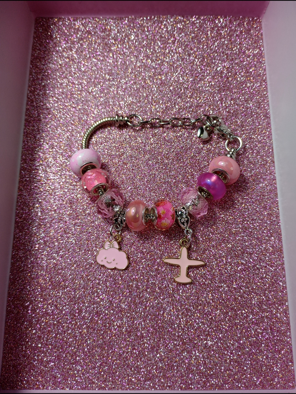 Pandora Style Pink Bead Charm Bracelet with Cloud & Airplane Charms